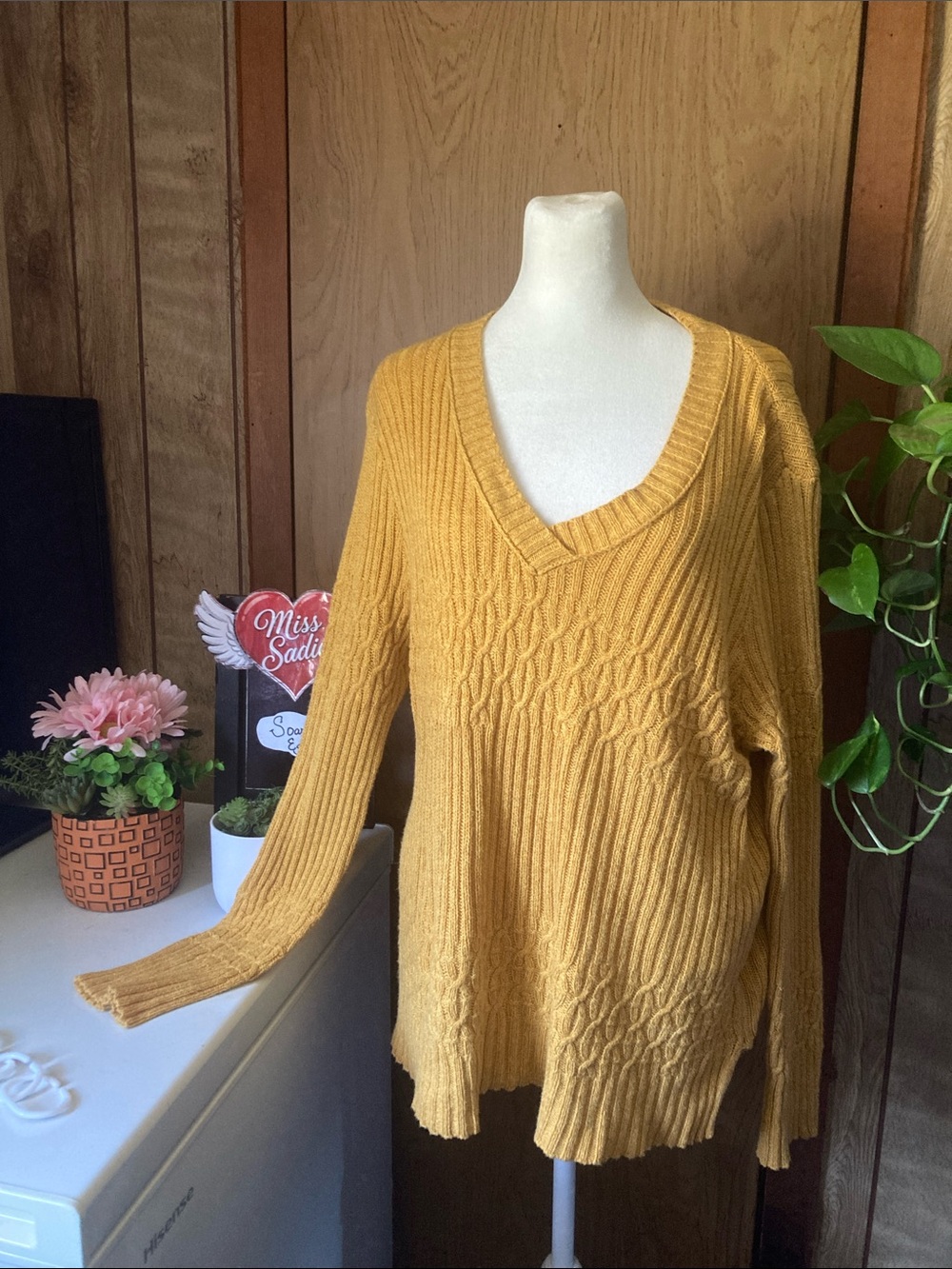 Natural Reflections Golden Mustard V-Neck Cable Knit Sweater
